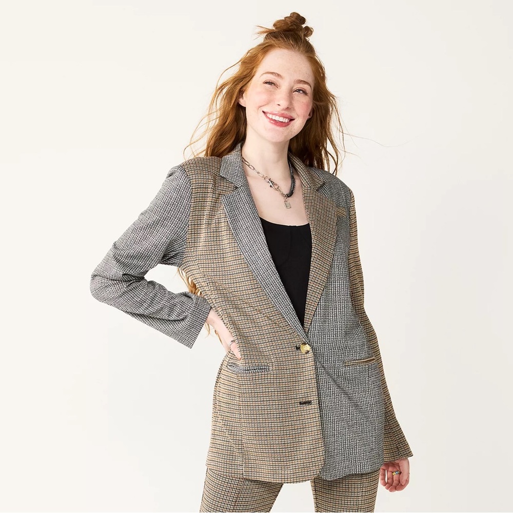 So Oversized Long Length Mixed Plaid Blazer Sz XS